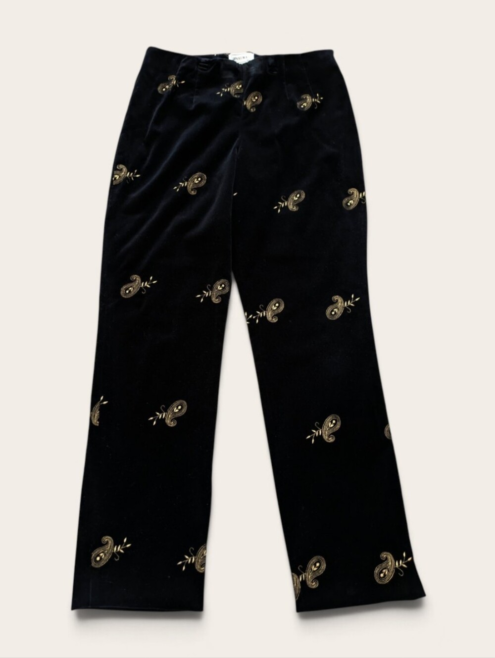 Vintage Black Velvet Pants Gold Paisley Embroidered Boho Statement Luxe Womens 8